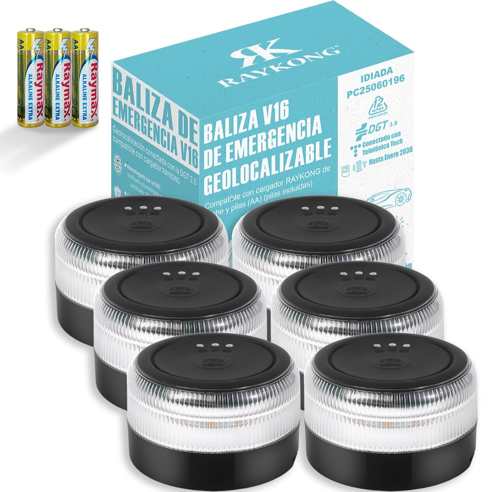 Baliza V16 Geolocalización DGT 3.0 | 2ª Generacion con indicadores LED | Luz Emergencia Coche - Moto Homologado por DGT | SIM y Datos Pagados hasta 2038 | 6 Unidades