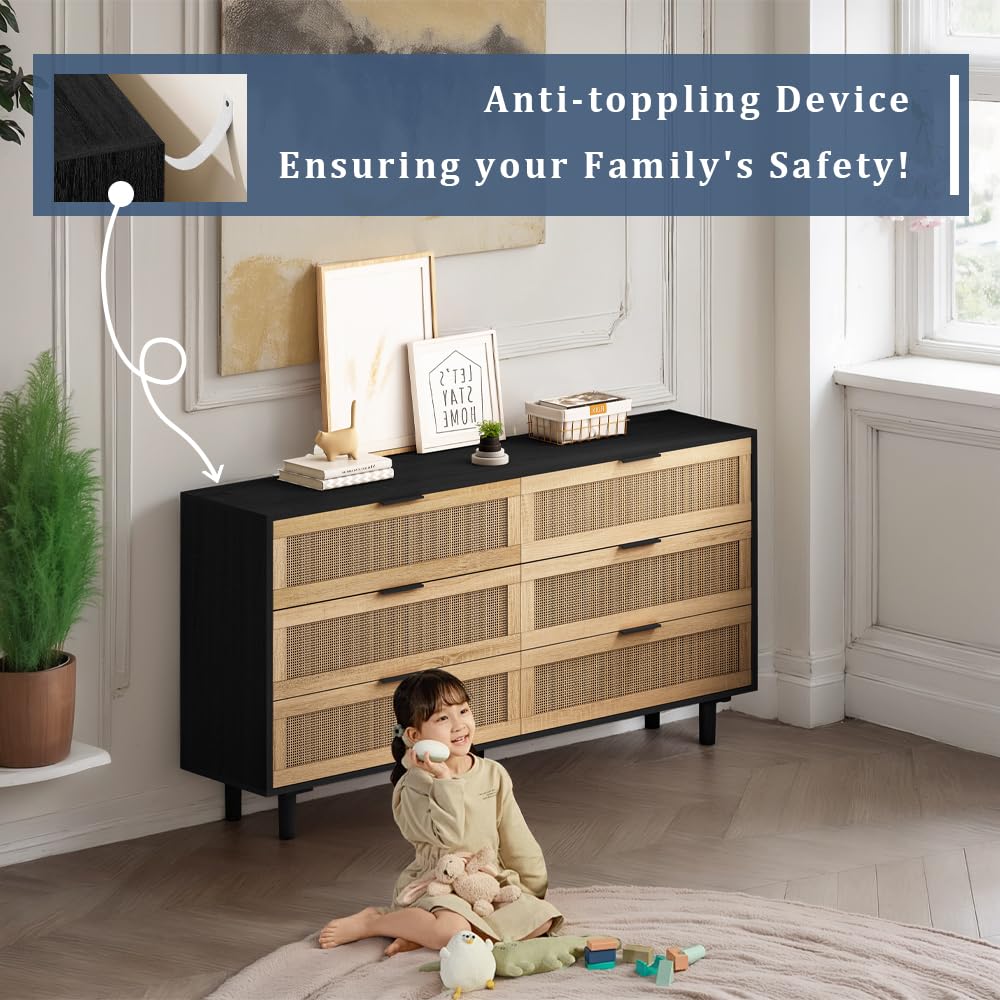 Amazon.com: NTYUNRR Black Rattan Dresser, 6 Drawer Dresser for Bedroom,  Wooden Boho Dressers Chest of Drawers, Modern Closet Dressers, for Living  Room Hallway and Entryway, M : Home & Kitchen