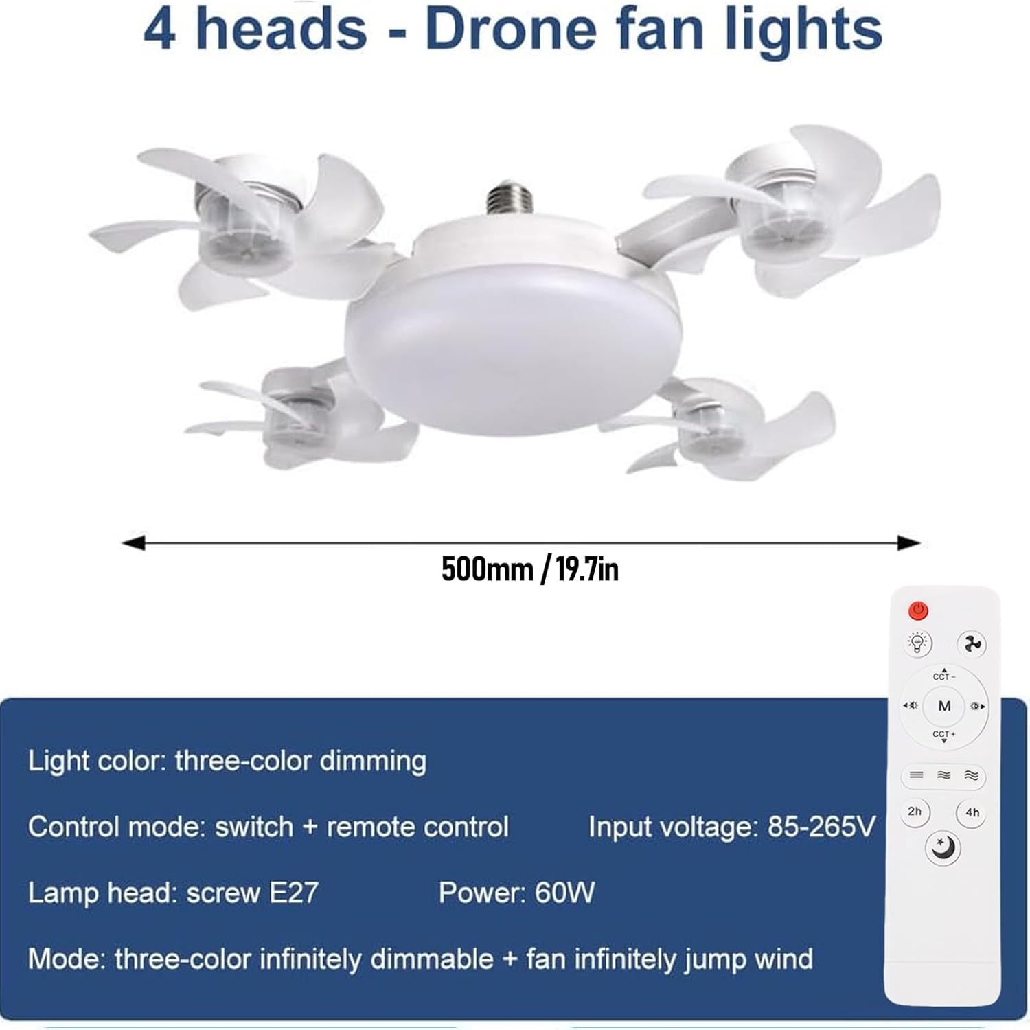 Ceiling Fan Light, Modern Hanging Fan Light with Remote Control 3 Speeds Fan,3 Colors Dimmable Lamp for Bedroom Living Room Kitchen Garage, Easy Install Screw Bulb Design