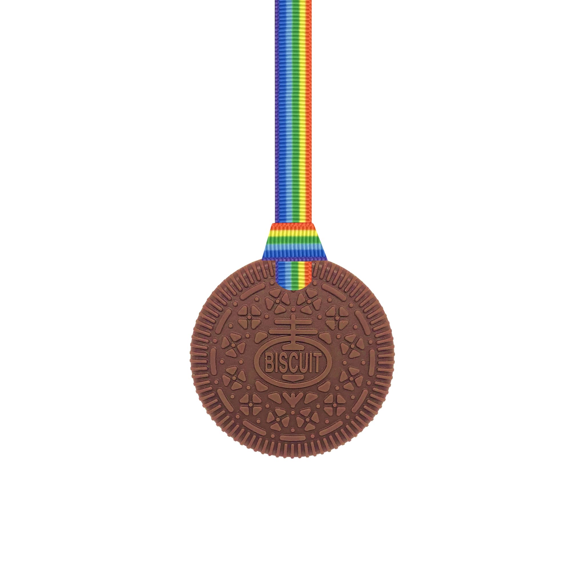 Biscuit Sensory Chew Necklace with Lanyard - Brown - for Kids with Autism, Anxiety & ADHD – 100% Food Grade Silicone - Sensory Oojamabobs (8 Lanyard Designs Available) (70cm, Rainbow)