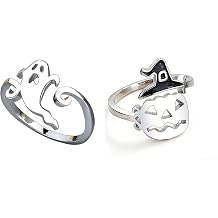 2Pcs Silver Plated Halloween Rings for Women Pumpkin Ring Ghost Ring