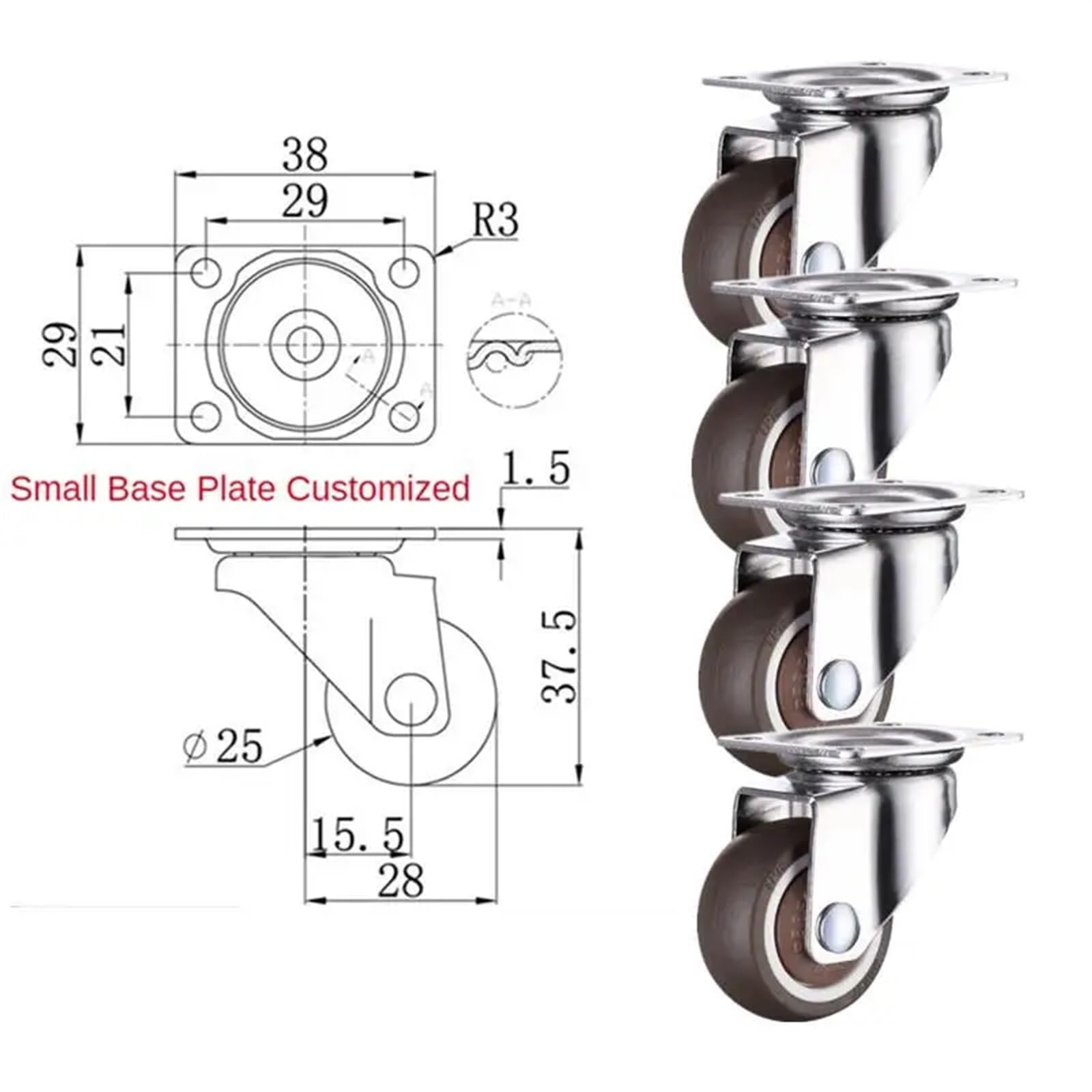 4 Pcs/Lot 1 Inch Flat Bottom Rubber Universal Wheel Mute Shelf Box Material Furniture Caster Small(Small Base)