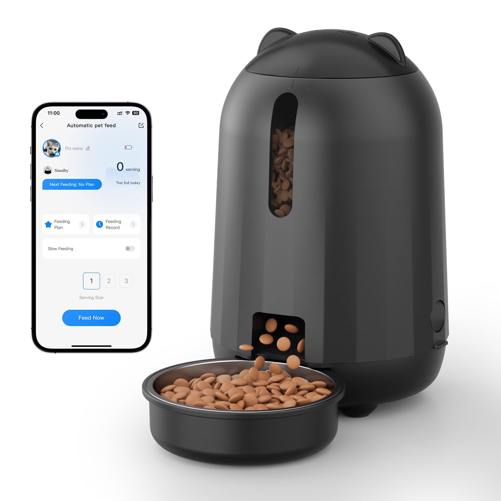 PAPIFEED Automatic Cat Feeder, App-Controlled WiFi Auto Food Dispenser with Dual Power Backup, Slow Feeding Mode, 3L Easy-Clean Feeder for Cats & Small Dogs (Black)