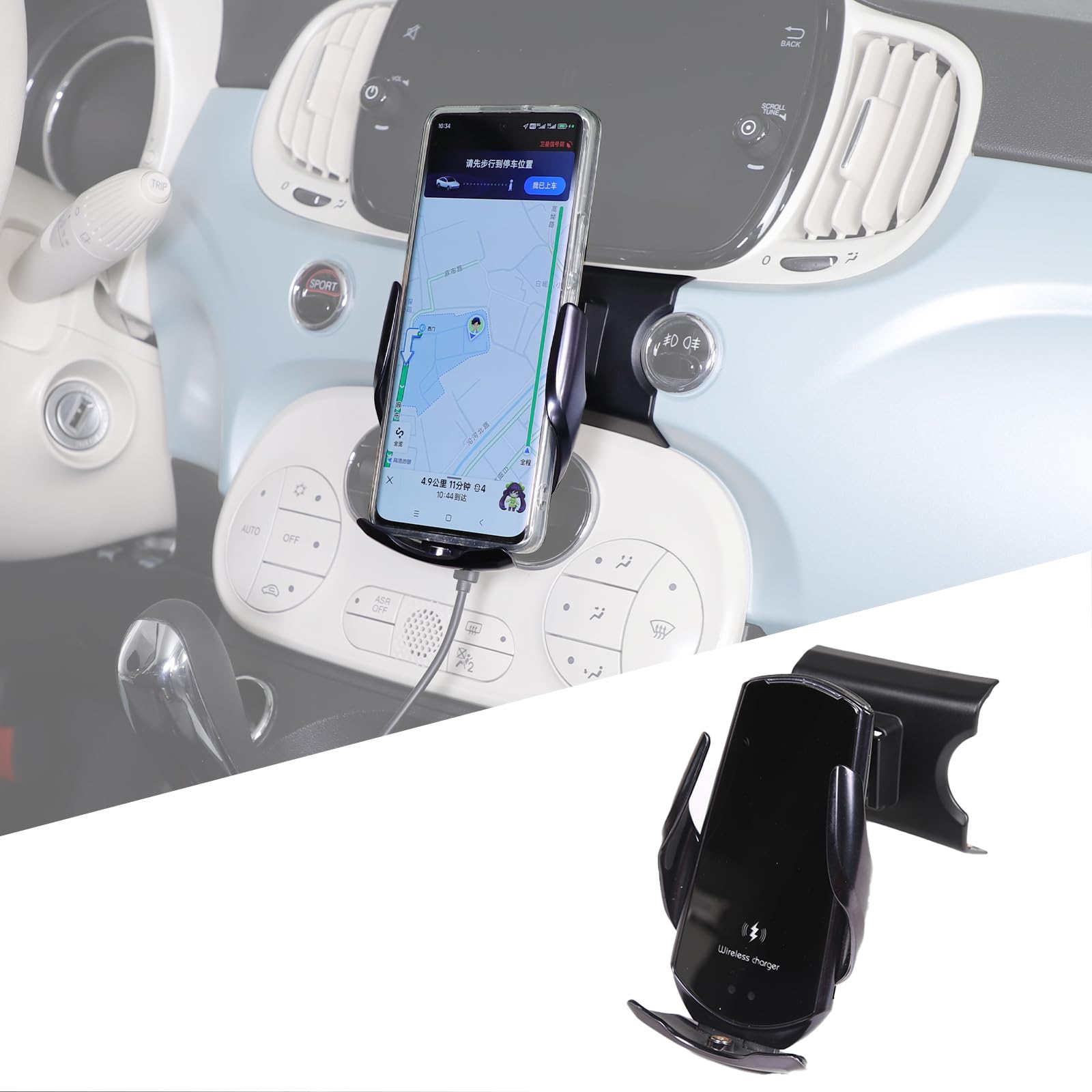 Supporto per telefono cellulare auto compatibile con Fiat 500 2016-2024, console centrale, supporto per telefono cellulare a rotazione 360° (stile C carica wireless)