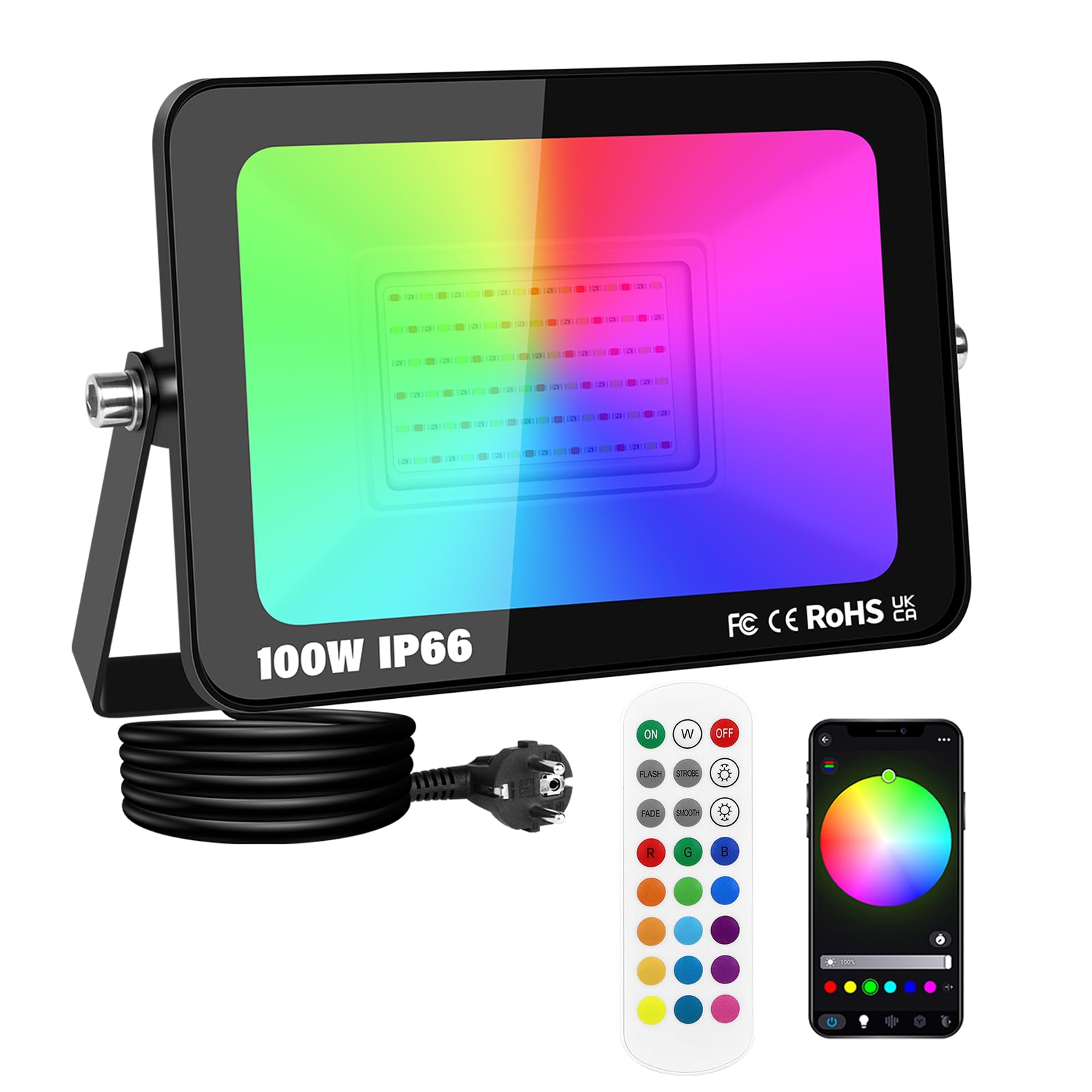 PICAA Smart 100W RGB LED Floodlight, Dimmable Colour Changing Flood Light