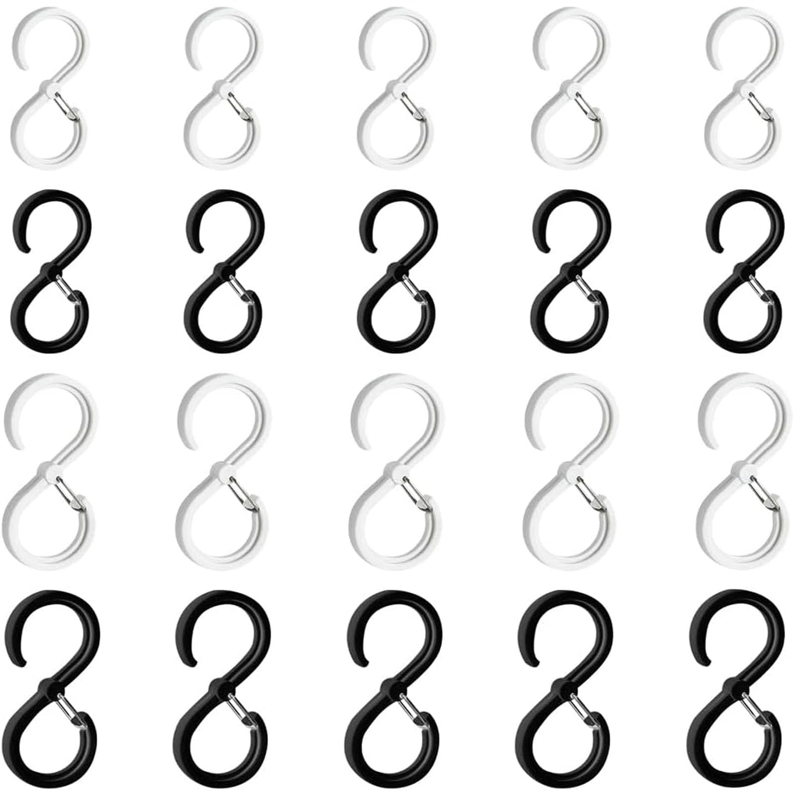 20 pezzi Ganci a forma di S con chiusura di sicurezza antiscivolo. Ganci a S in plastica per appendere oggetti,adatti per armadi,cucine,bagni,camere da letto,uffici e giardini (nero/bianco)