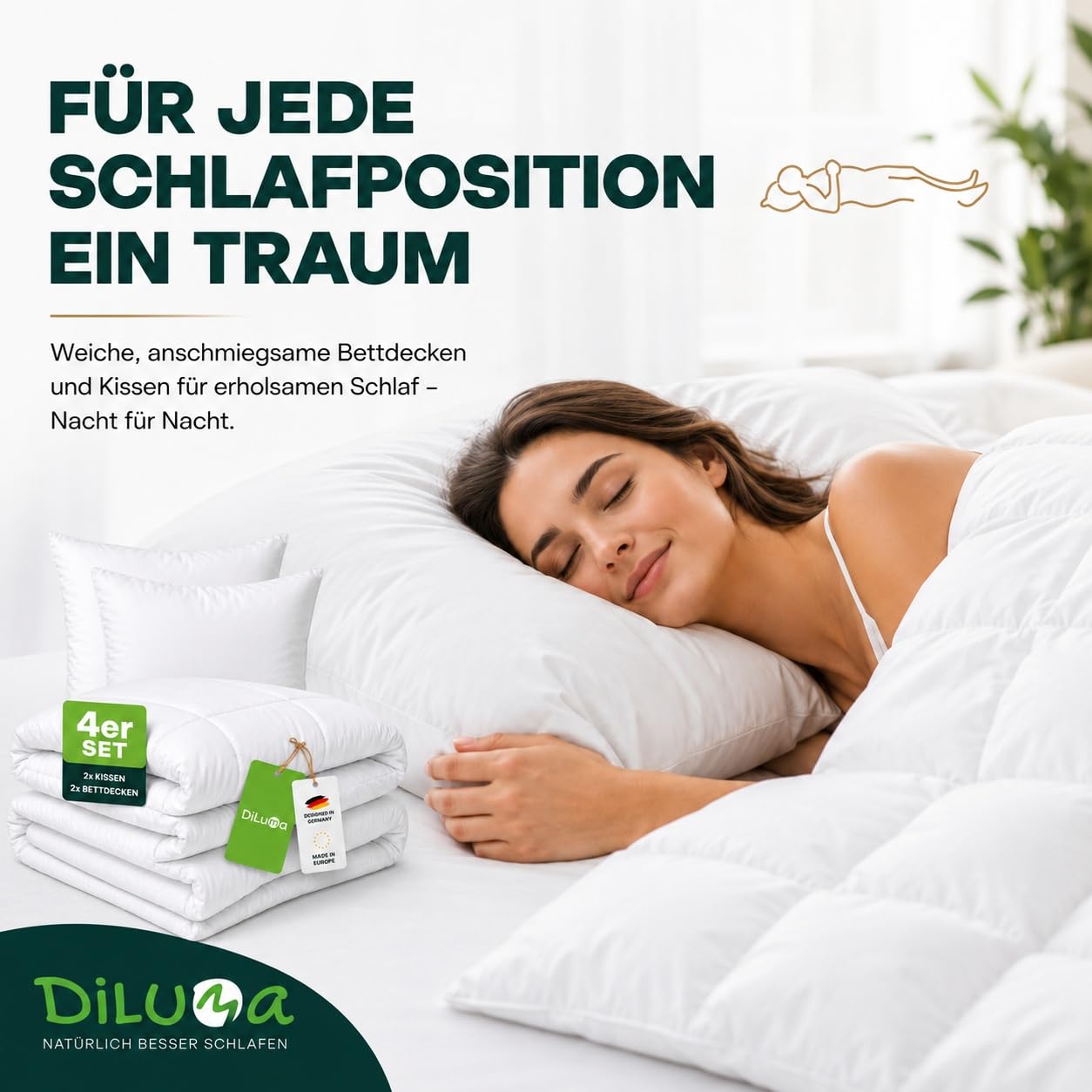 DILUMA Bettdeckenset 135x200 cm Smart 4-teilig - 2X Bettdecke 135x200 cm + 2X Kopfkissen 80x80 cm - Bettdecke und Kissen Set - Ganzjahres Steppdecke Mikrofaser - Ganzjahresdecke mit Kissen