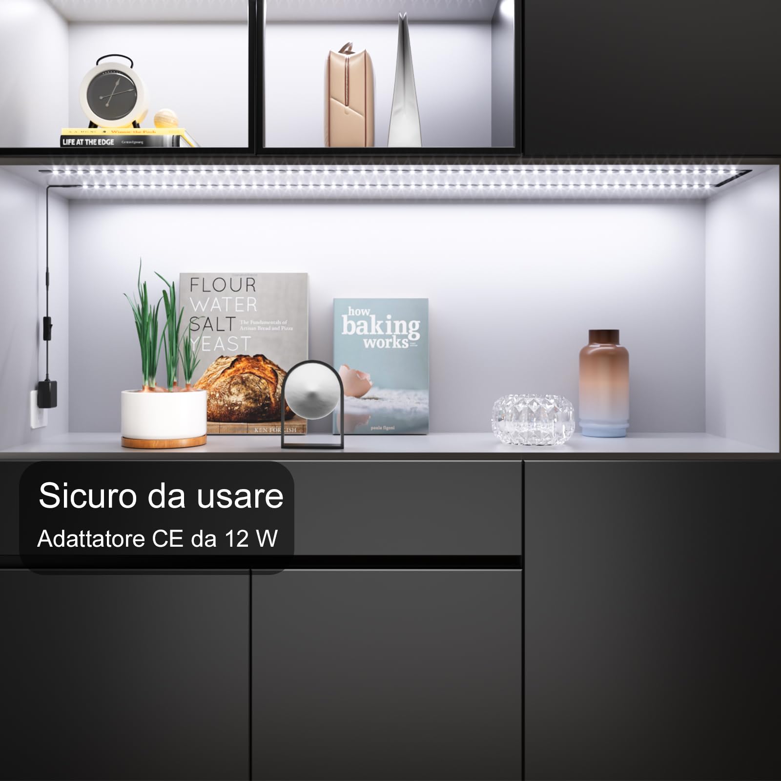 WOBANE Striscia Led Cucina Sottopensile 2 metri, 4X50cm Strisce Led Adesiva per Cucina con Interruttore e Spina, 1200LM Illuminazione Sotto Pensile per Vetrine,Scrivania,TV, Bianco Freddo 6000K, Nero