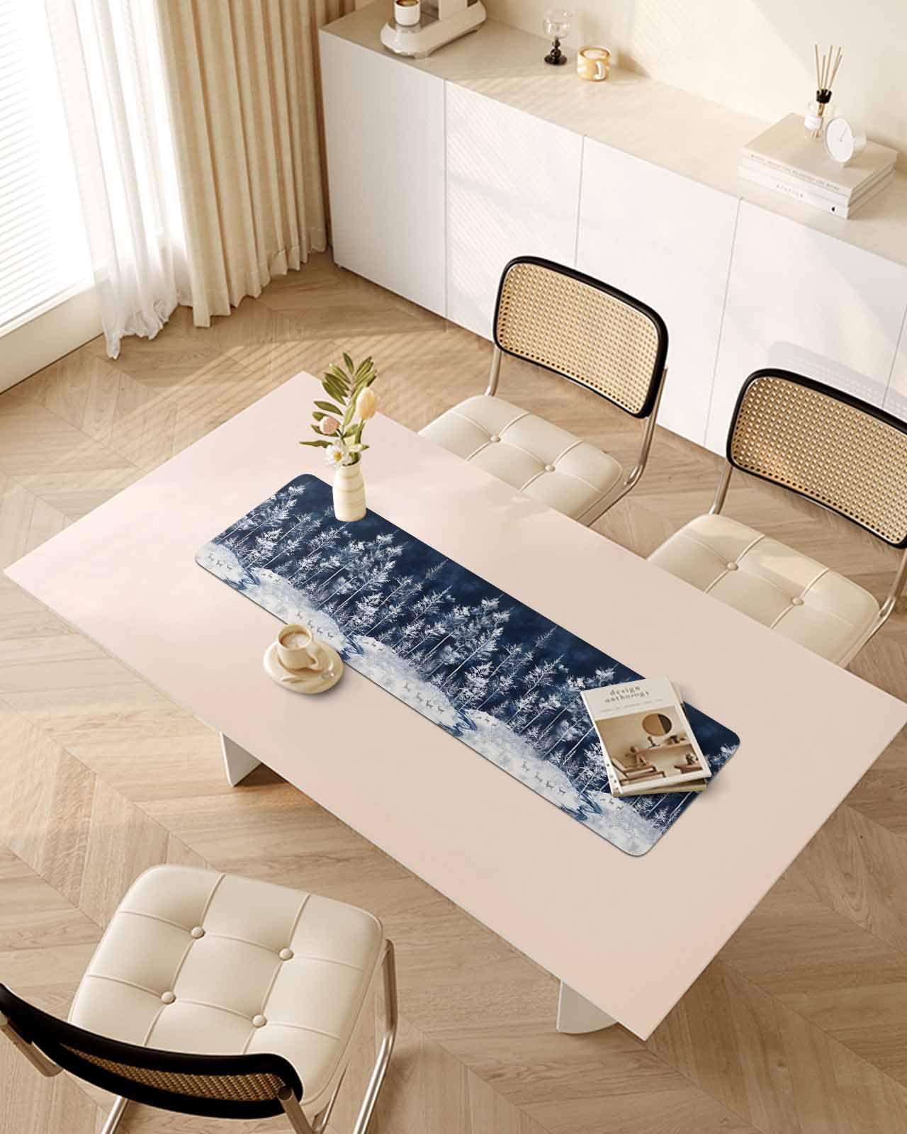 Debedcor Heat Proof Table Pads Waterproof Decorative, Navy Blue Christmas Non-Slip Table Countertop Protector, Winter Xmas Forest Elk Snow Insulation Mat for Dining Room, 48 x 12 Inches