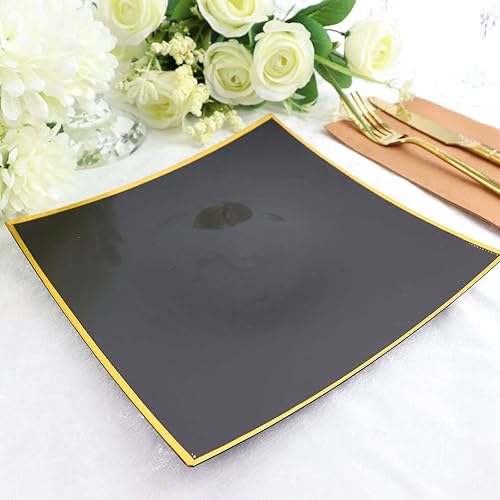 Efavormart - Paquete de 10 platos de plástico duro cóncavo de 10 pulgadas color negro y dorado platos desechables para fiestas