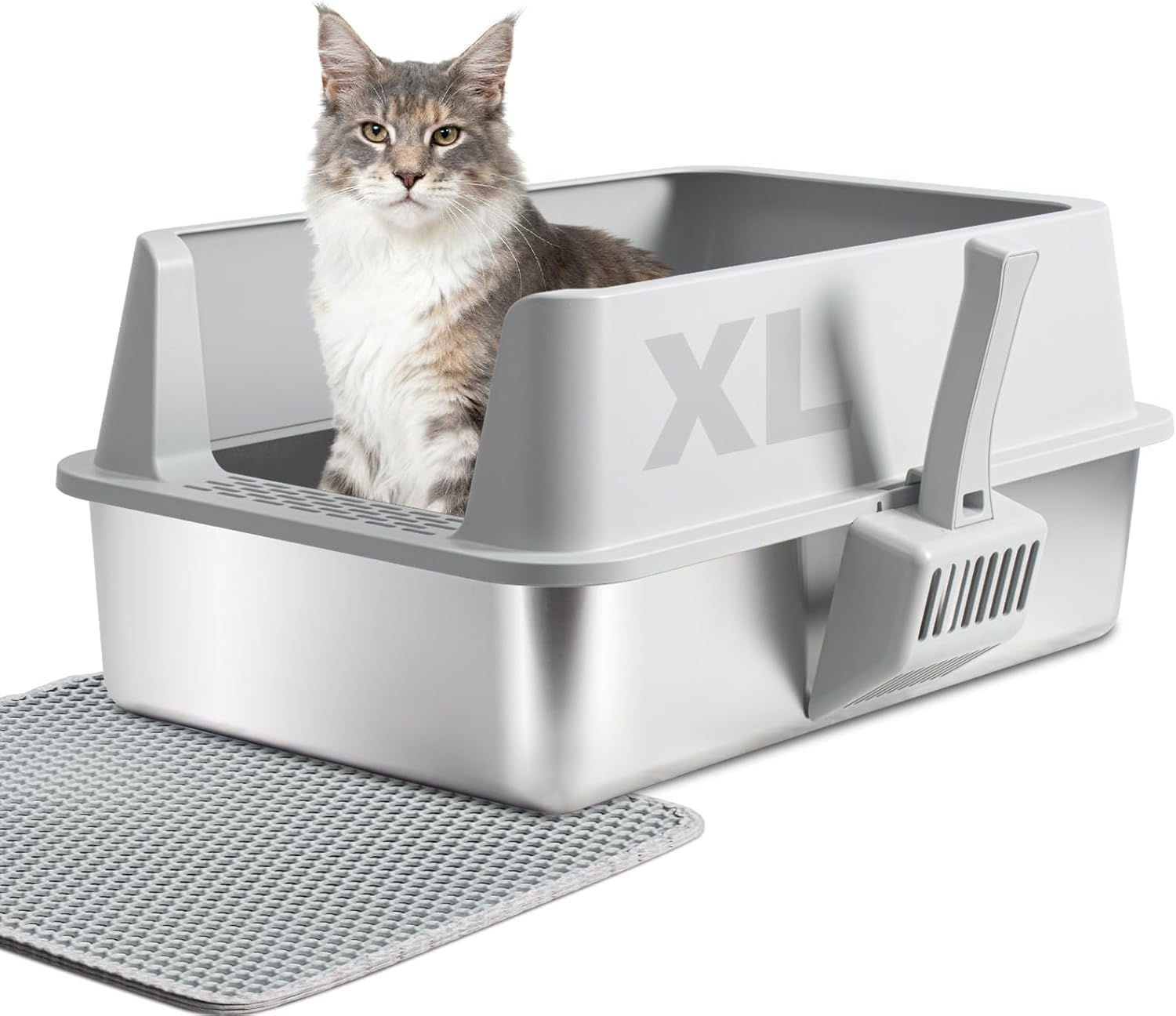 Stainless Steel Cat Litter Box with Lid, XL Metal Litter Box, Extra Large Litterbox for Big Cats, High Sided | Easy Cleaning | Odor-Free Includes Scoop and Mat