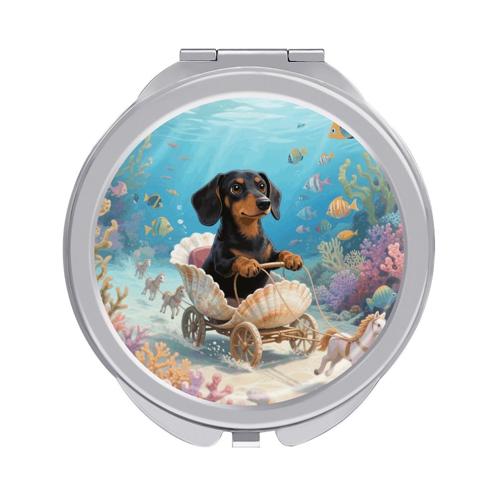 VstaDank Dachshund in Shell Makeup Mirror Beautiful Compact Makeup Mirror Silver Mirrors Surface Folding Makeups Lightweight Travel Makeups Mirrors for Suitable Handbag and Purses