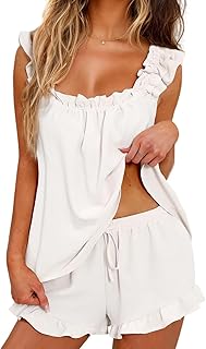 Women Sleeveless Pyjama Sets Ruffle Top and Shorts 2 Piece Nightwear Lounge Cute Ladies Pjs Set Y2K Going Out Outfit