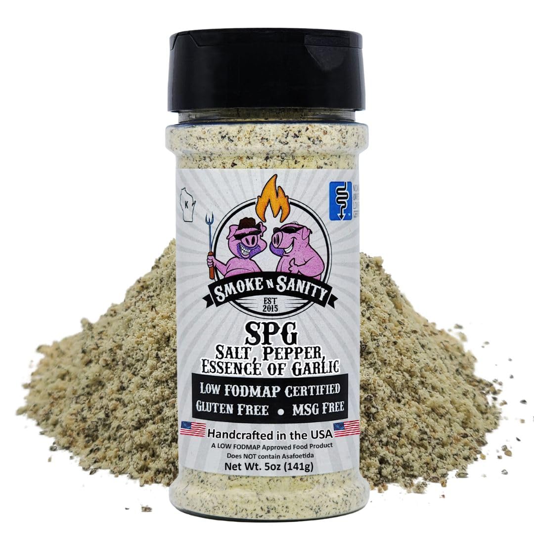 SPG (Salt, Pepper, Essence of Garlic Salt) Seasoning, Monash Certified Low FODMAP, Gluten Free, Kosher, Dairy Free, MSG Free, Ideal for Meats, Vegetables, and Dips, 5 oz Shaker