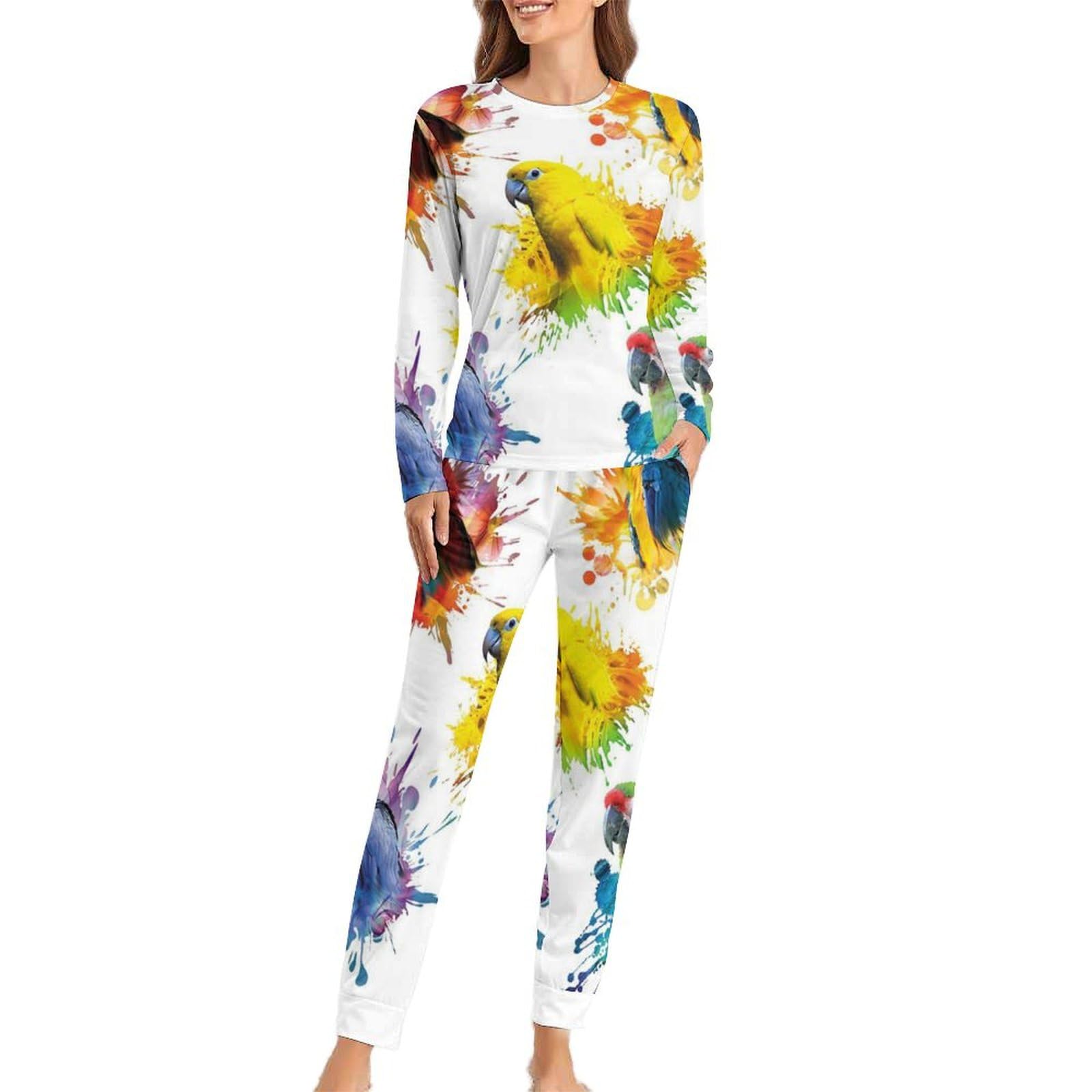 Jzemdybill Women's 3D Watercolor Parrot Woman's Crew Neck Pyjamas Set, Pyjamas For Pajamas With Pockets