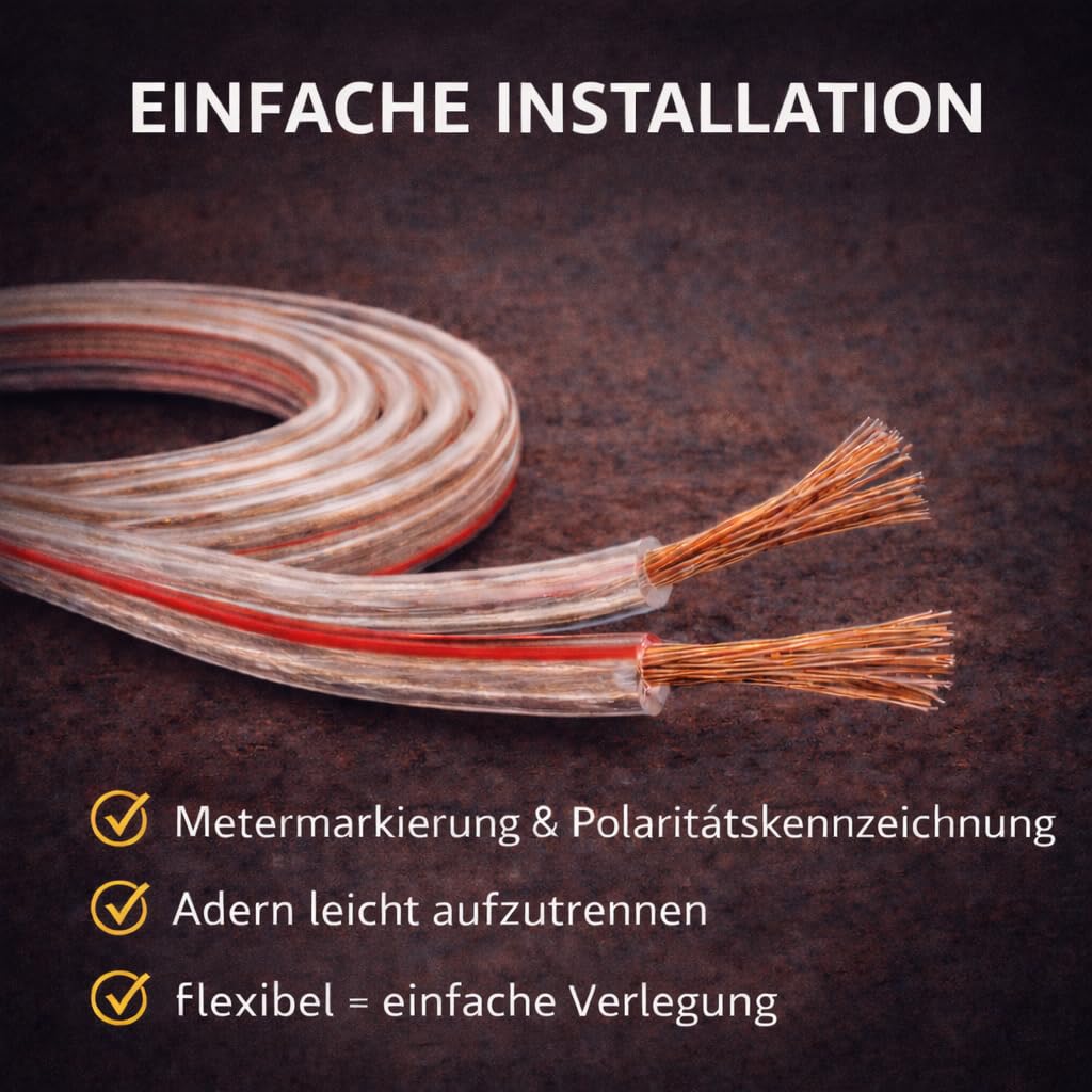 BLca 25m 2x2,5mm² Lautsprecherkabel CCA I Boxenkabel isoliert transparent mit Polaritätskennzeichnung I LS-Kabel als Meterware für Stereoanlage etc.