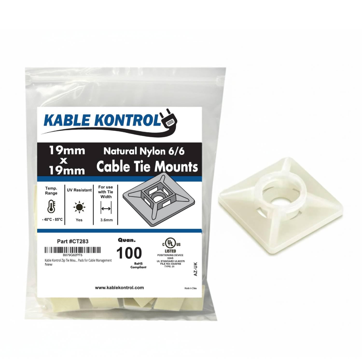 Kable Kontrol White Natural Zip Tie Bases, 19 mm x 19 mm, Pack of 100 Cable Tie Adhesive Mounts Self Adhesive Mounts Multi-Purpose Zip Ties Bases, Cable Holder Sticky Pads - White Natural