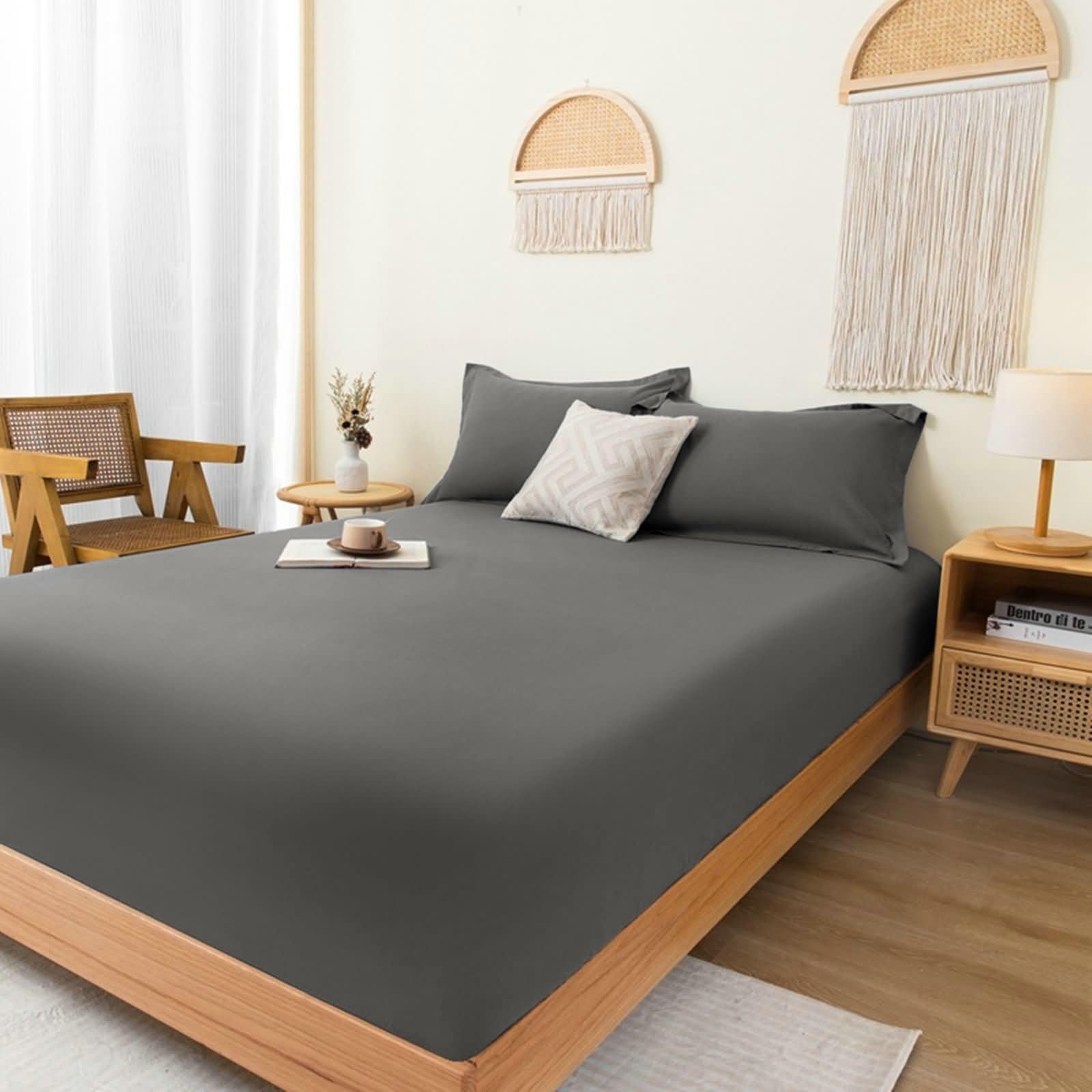 Drap housse 180x200 coton lavé gris foncé drap de lit anti-plis antidérapant doux
