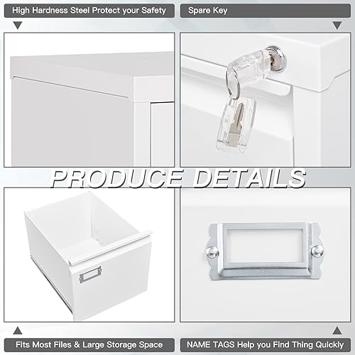 Miniatura 6 de Yizosh Archivador blanco de 3 cajones con cerradura, archivadores para oficina en casa, gabinetes de almacenamiento de archivos de oficina con
