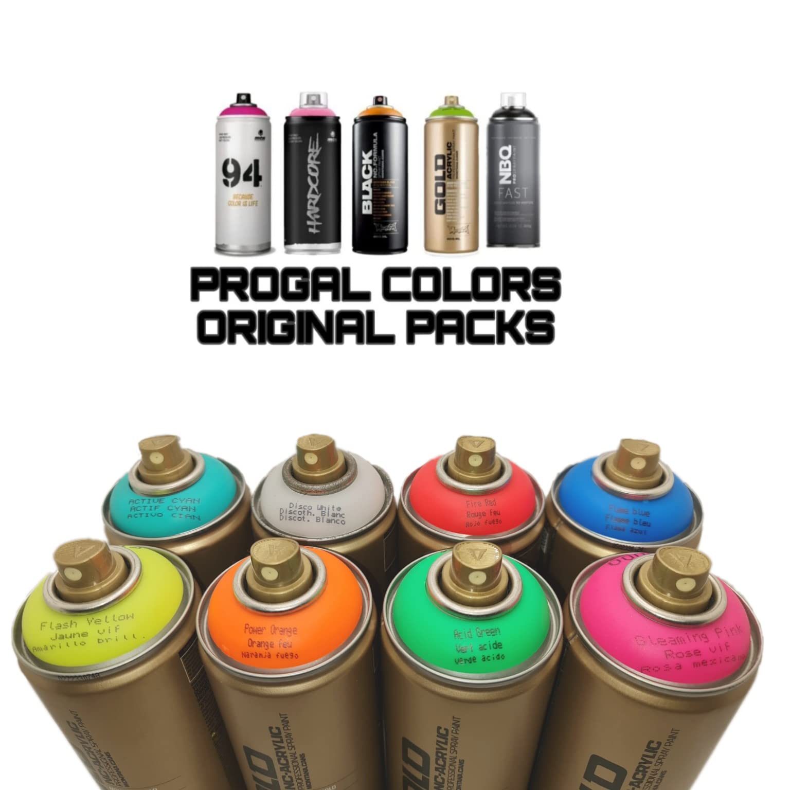 PROGAL COLORS Montana Cans - Montana Gold - Set di 8 Colori Fluorescenti Neon 400 ml e 6 Testine di Ricambio - Vernice Spray UV, Brillano con Luce Nera