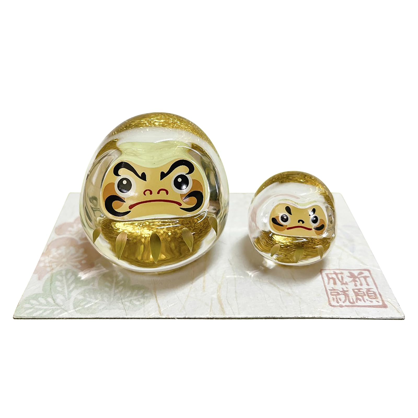 Glass Daruma Parent Child Figurine Gold Color Lucky Charm 4.1in Display
