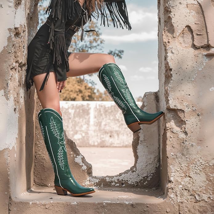 Image of GORBINETI Women Cowboy Boots Mid Calf Cowgirl Western Boots Embroidered Suede Pull On Almond Toe Chunky Heel
