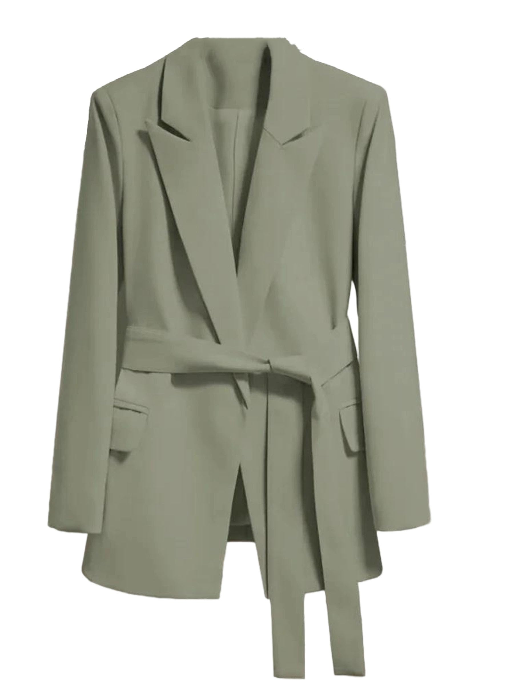 Womens Notch Lapel Open Front Blazer with Belt Pockets Loose Fit Long Sleeve Casual Work Jacket Fall Winter