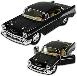 Miniatura de carro Chevrolet Bel Air 1957, Escala 1/40, Kinsmart, Carrinho de ferro em metal com Fricção, 13 CM, Abertura de portas laterais e Pneus em Borracha (Preto)