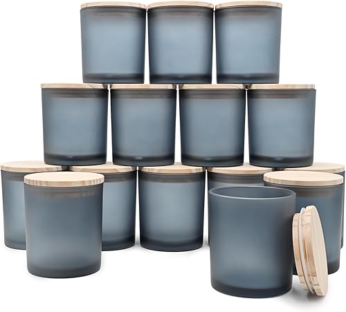 Miniatura 1 de SHOWIN Tarros de vela gruesos de 10 onzas para hacer velas, 15 unidades, tarros vacíos transparentes con tapas de bambú para tarros de especias,