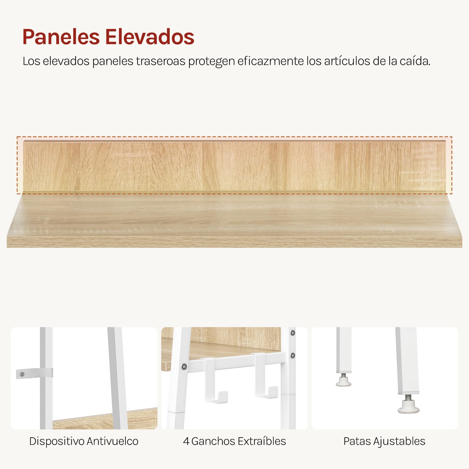 WOLTU Estantería de 6 Niveles, Estantes Madera Almacenaje, con 4 Ganchos, Estanteria Industrial para Salón, Estudio y Cocina, Marco Metálico, 64x36x187,5 cm Roble Claro + Blanco