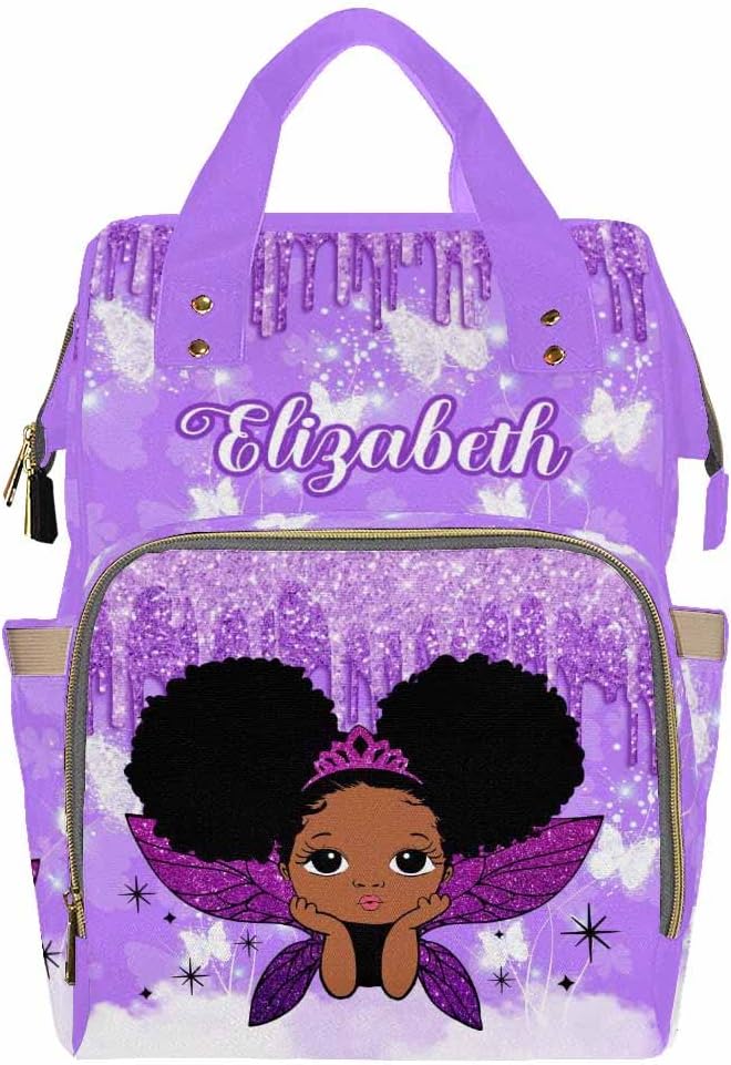 Artsadd Custom Baby Bag Large Nappy Bag for Mom, Purple Glitter Handbags Personalized Name Diaper Backpack with Stroller Straps Gifts for Baby Show New Born