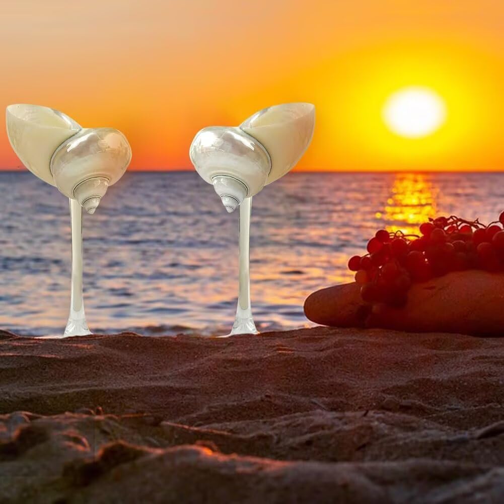 2 Meeresmuscheln-Weinbecher, Gläser für Getränke, für Geburtstagsfeier am Strand. (Weiß)