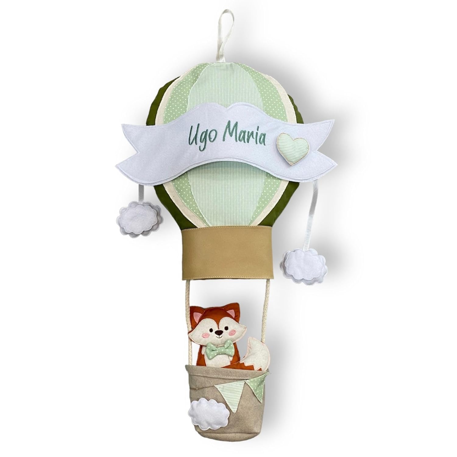 Pri Frog Fiocco Nascita Mongolfiera con Volpino - Coccarda nascita - bimba - bimbo - Nome Personalizzato - Dimensione circa 65 cm di altezza - Handmade - Made in Italy