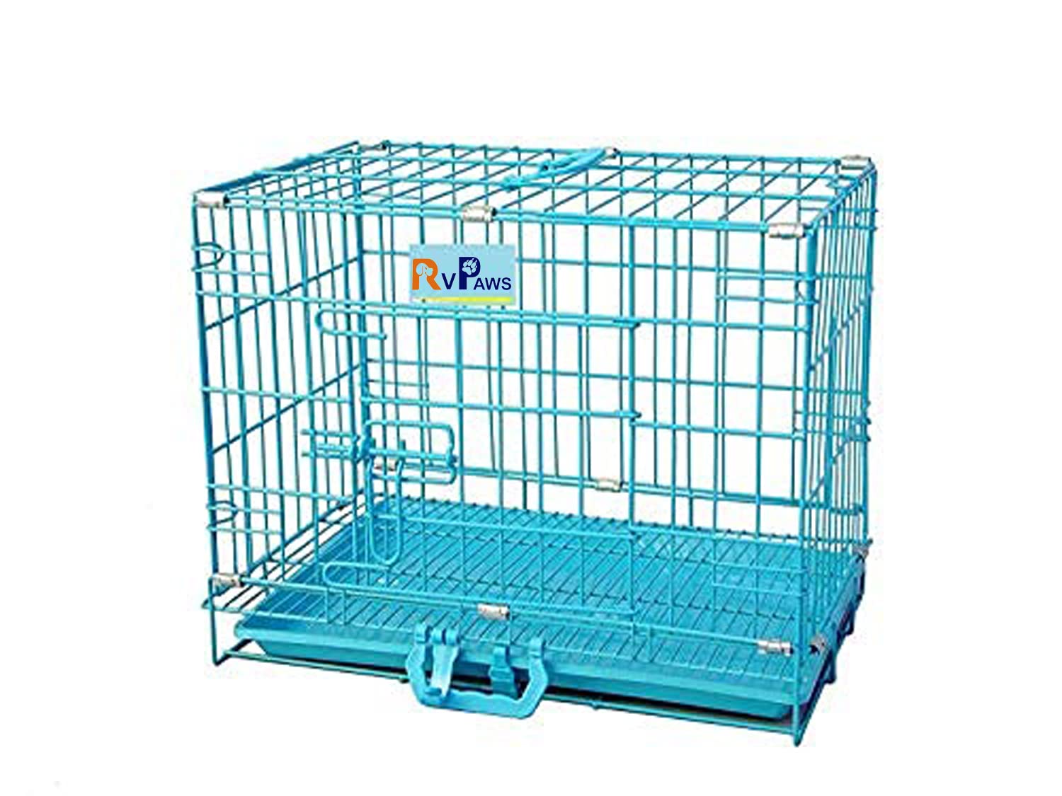 RvPaws Single Door Folding Metal Dog Cage with Paw Protector, for Puppies and Kittens, Blue, 18 Inches