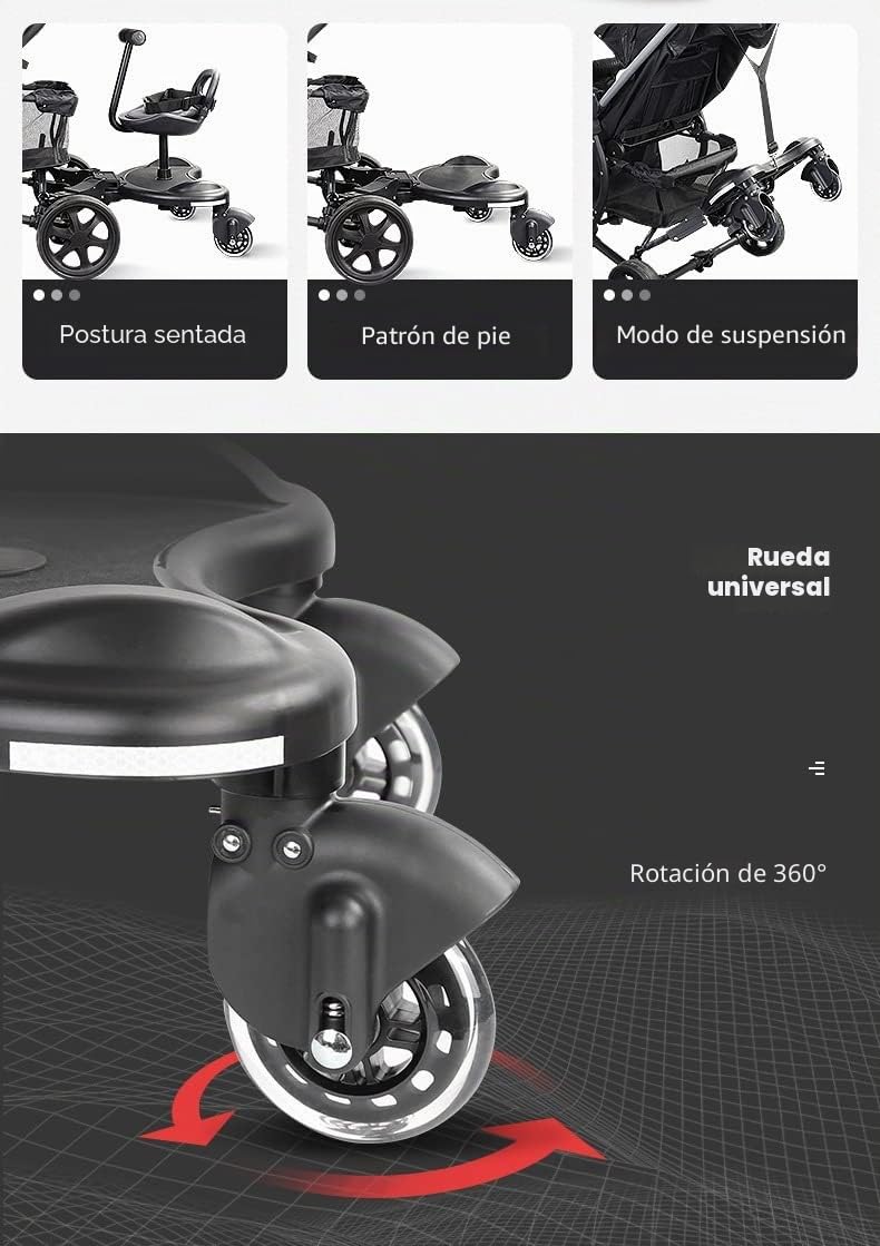 Tabla de cochecito con asiento, tabla de pie, tabla de cochecito para niños pequeños, diseño estable de dos ruedas con asiento, tabla de pie que se adapta a cualquier cochecito (2 en 1 negro)