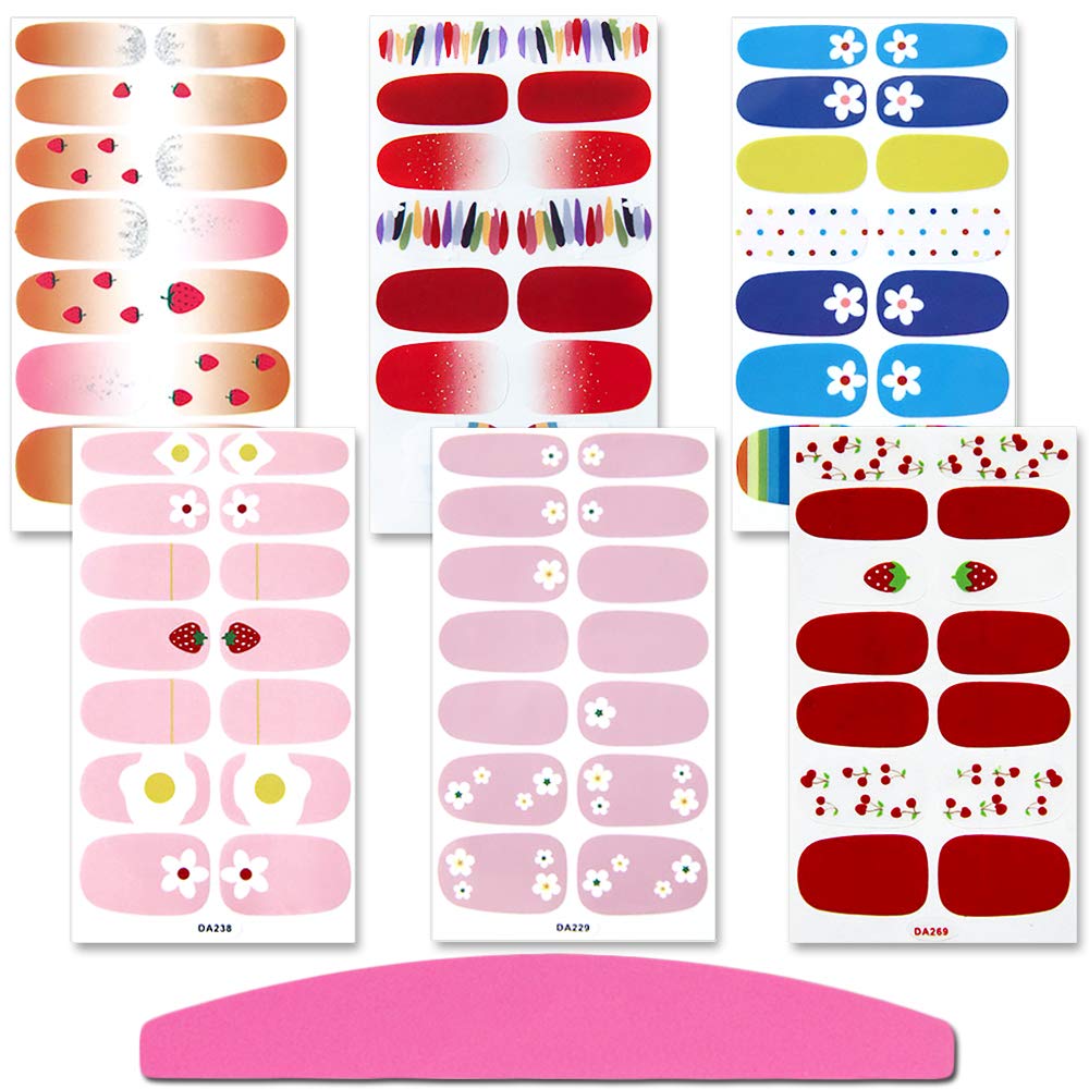 SILPECWEE 6 Sheets Flower Rainbow Nail Polish Strips Self Adhesive Nail Stickers Nail Polish Wraps for Women Stick on Nails Manicure Kit with 1pc Nail File