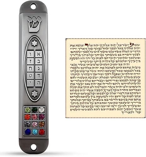 Miniatura 3 de Juego de 3 estaño mezuzá estuche con pergamino para puerta, menorá 3D, estrella de David, diez mandamientos, 12 tribus de Israel, sello mesiánico,