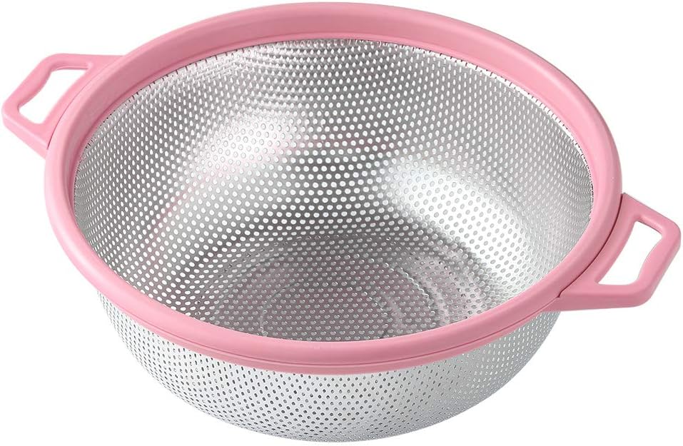 HiramWare Stainless Steel Colander with Handle and Legs, Large Metal Green Strainer for Pasta, Spaghetti, Berry, Veggies, Fruits, Noodles, Salads, 5-Quart 10.5” Kitchen Mesh Colander, Dishwasher Safe