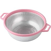 HiramWare Stainless Steel Colander With Handle and Legs, Large Metal Pink Strainer for Pasta, Spaghetti, Berry, Veggies, Fruits, Noodles, Salads, 5-quart 10.5&rdquo; Kitchen Mesh Colander, Dishwasher Safe