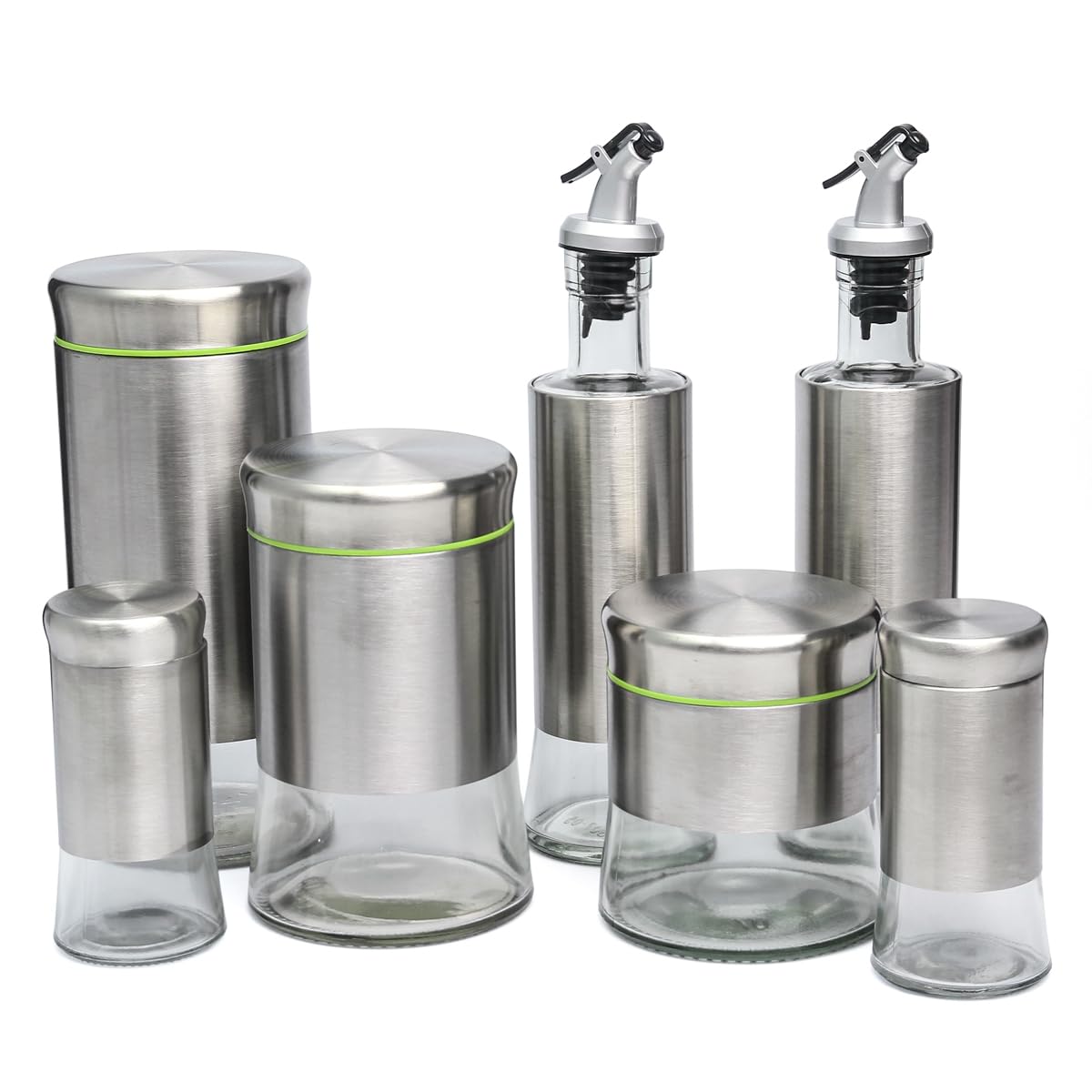 Conjunto Galheteiro e Porta Condimentos 7 Peças em Vidro e Aço Inox com Suporte