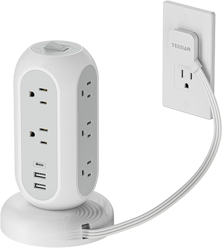 TESSAN - Torre de regleta de alimentación de enchufe plano, cable de extensión retráctil ultrafino de 5 pies, protector de sobretensiones de 11