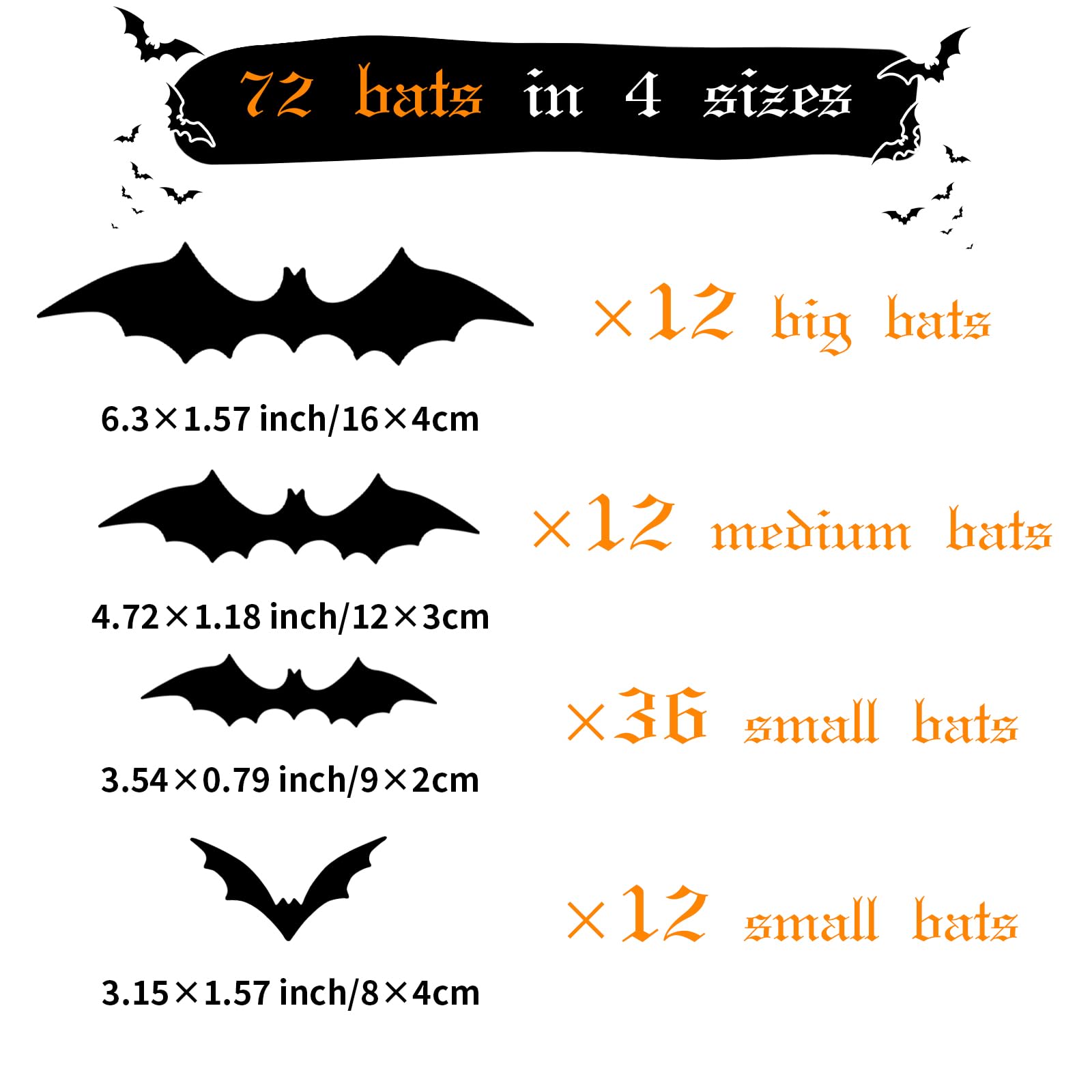 HPMAISON 72pcs Halloween 3D Bats Stickers, Black PVC Scary Bats - Image 2