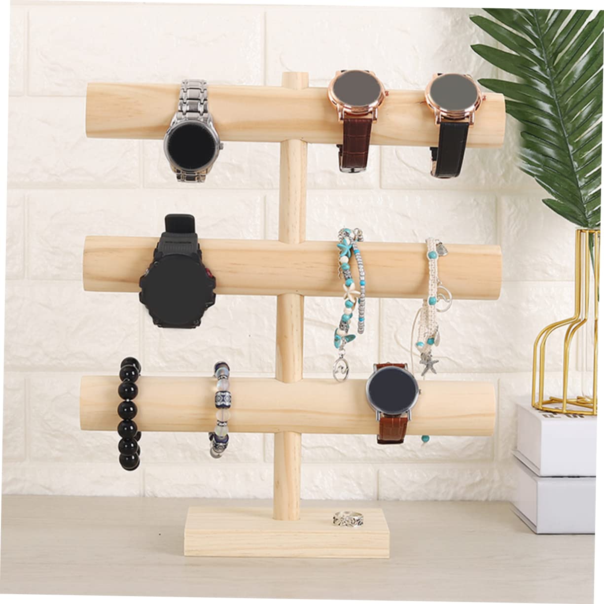BESPORTBLE Espositore Gioielli Legno Massello Tre Porta Bracciali Orologi e Collane Organizer da Tavolo con Base Antiscivolo per Casa e Negozio