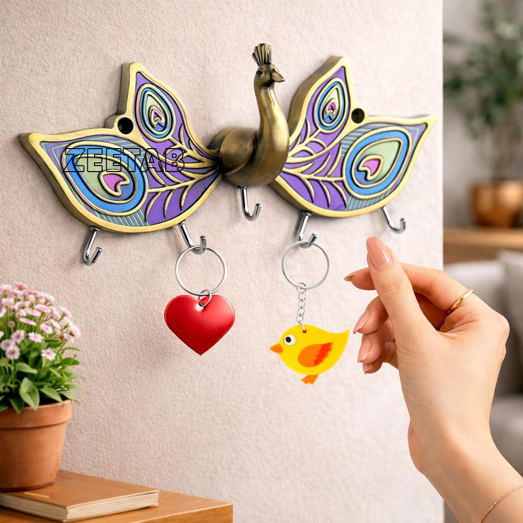 Zeetab 3D Peacock Key Holder, Metal Handicraft Bird Key Hanger Stand, Wall Mount Home Decor Gift (Antique Brass)-picture-17