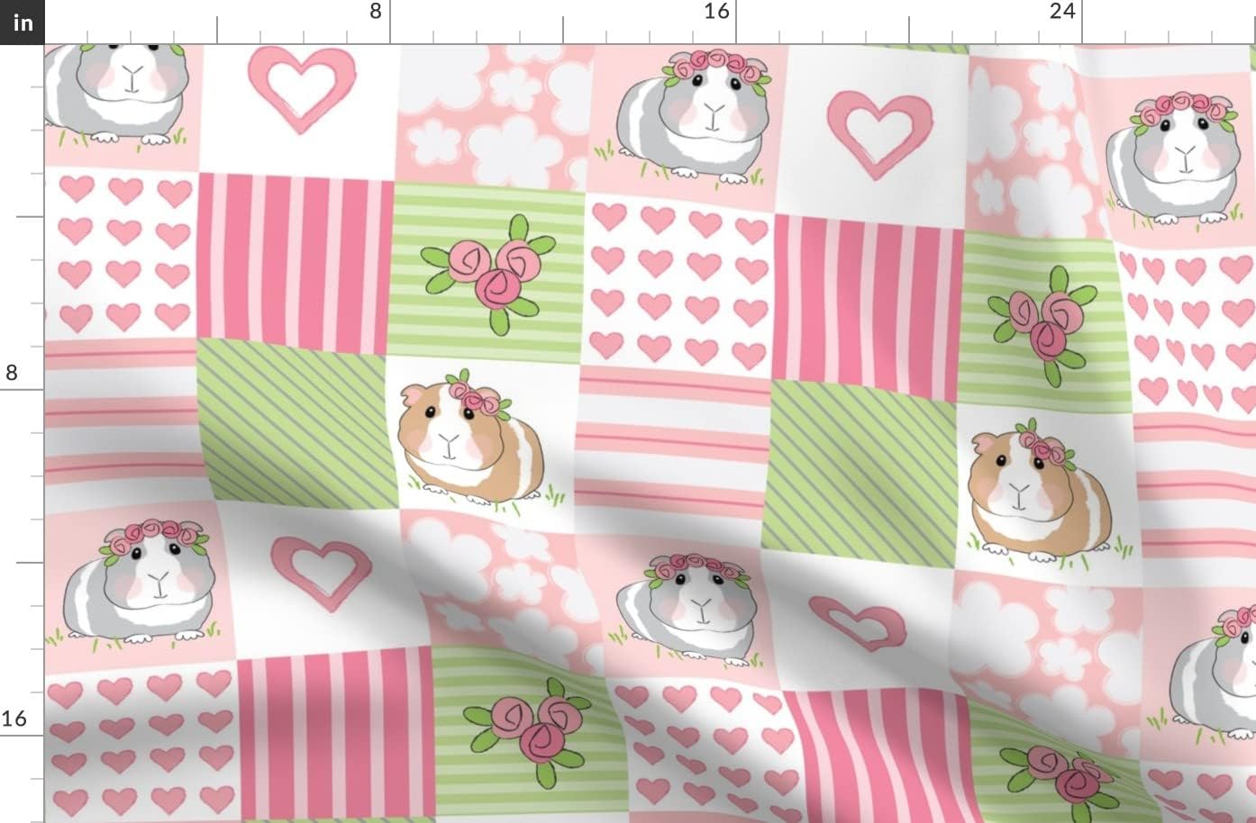 Spoonflower Fabric - Cute Guinea Pig Whole Cloth Wholecloth Quilt Pink Roses Cheater Printed on Organic Cotton Sateen Fabric by The Yard - Sewing Quilting Apparel Home Decor