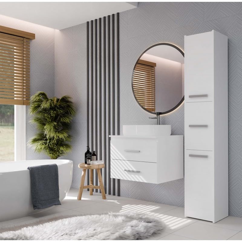 CDF Armario colgante debajo de la encimera, mueble de baño suspendido con 2 cajones para cosméticos accesorios de baño, frentes lisos con asas, moderno, blanco, 60 cm
