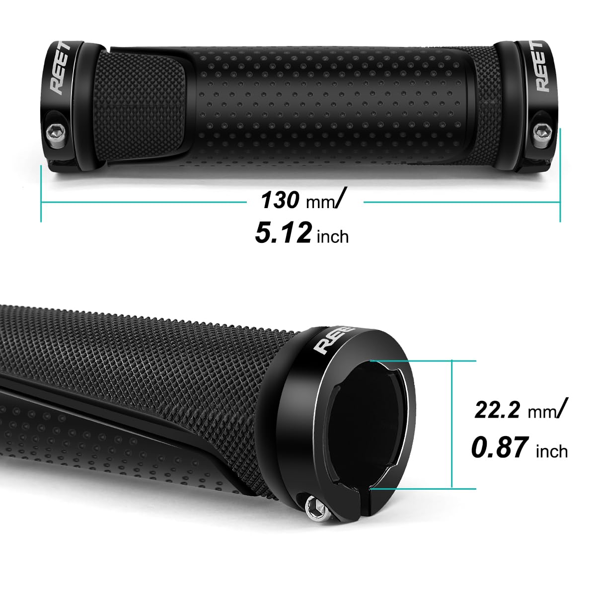 REETEE Uchwyty rowerowe, antypoślizgowe uchwyty na kierownicę rowerową, ergonomiczne uchwyty MTB, dwa końce, aluminiowe, do rowerów górskich/skuterów MTB, 22,2 mm, czarne (130 mm + 130 mm)