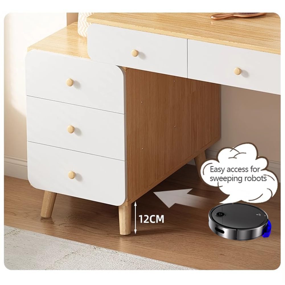 Wysuwane biurko Scandian Vani z lustrem LED, 6 stołów do makijażu i otwartymi półkami, toaletka dla kobiet i dziewcząt, naturalny kolor, zawiera rozmiar krzesła (80-95) x 40 cm