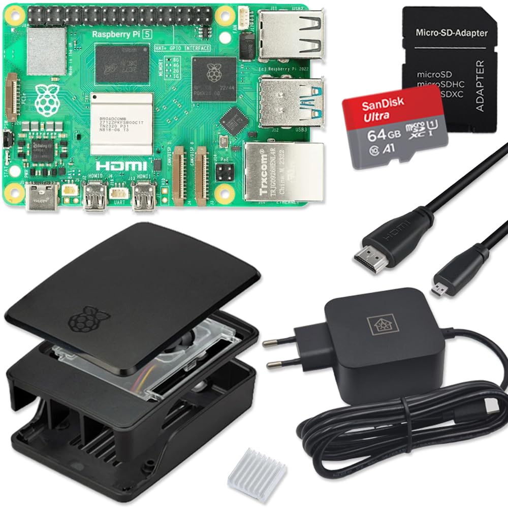 Raspberry Pi 5 8 GB Starter Kit nero | Alimentatore USB-C 45 W | Alloggiamento con ventola | Scheda SD Ultra 64 GB | Cavo Micro HDMI 4K | Dissipatore di calore | Raspberry Pi 5 8 GB RAM