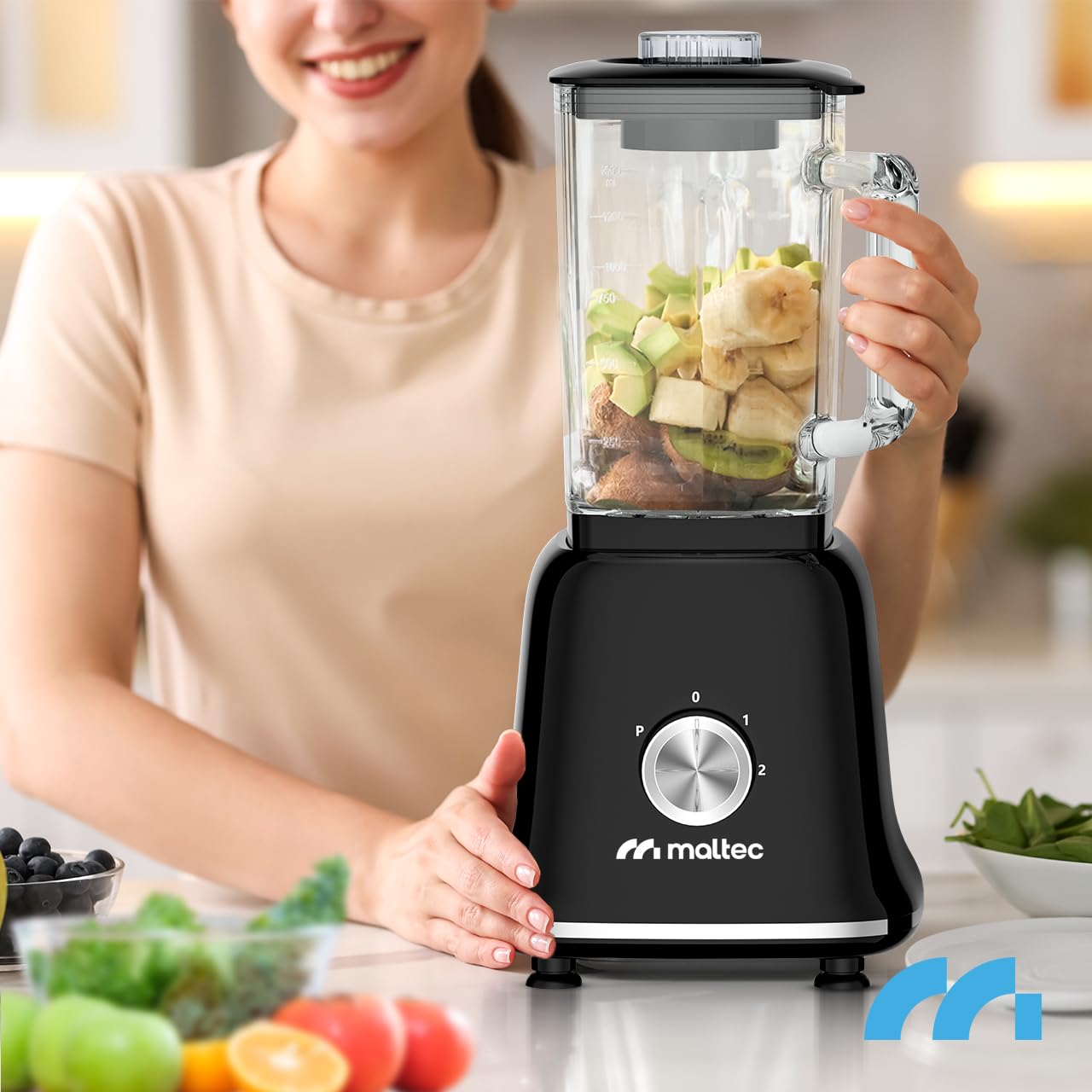 MalTec Standmixer Glas Smoothie Maker für Cocktails BL1800W Blender, Mühle,2 Bidons 1,6l Schwarz